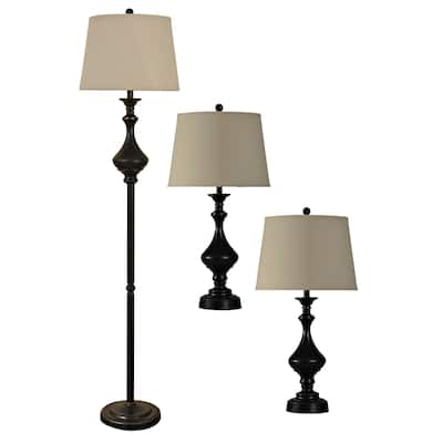 StyleCraft Madison Bronze Table and Floor Lamp Set - White Hardback Fabric Shade (Set of 3)