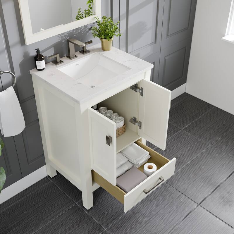 Eviva Aberdeen 24"W x 22"D White Bathroom Vanity with White Carrara Quartz Vanity Top