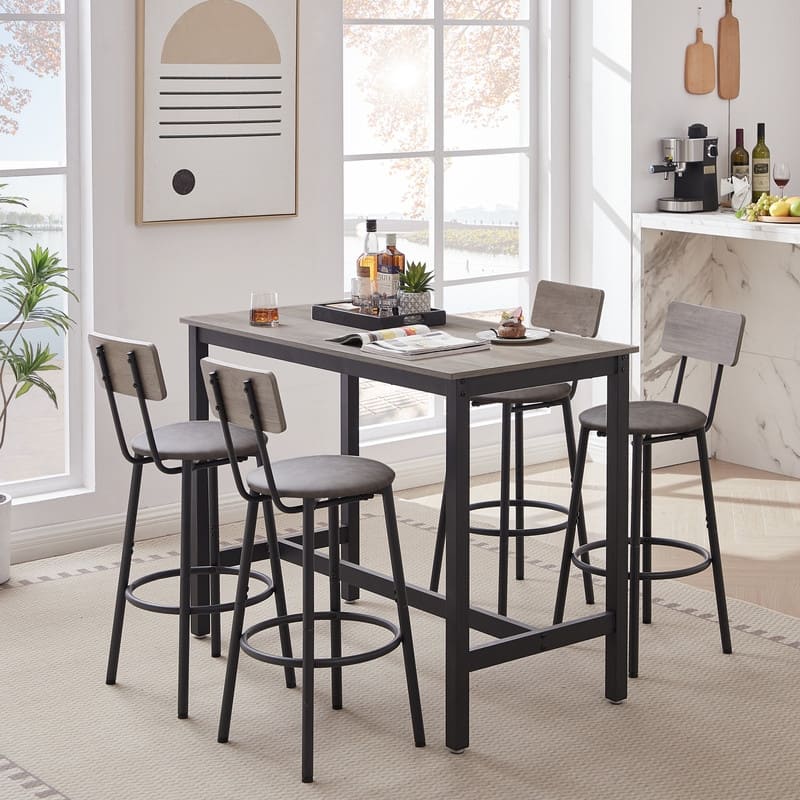 5 Pieces Bar Set with 4 Bar stools PU Soft seat with backrest - Grey