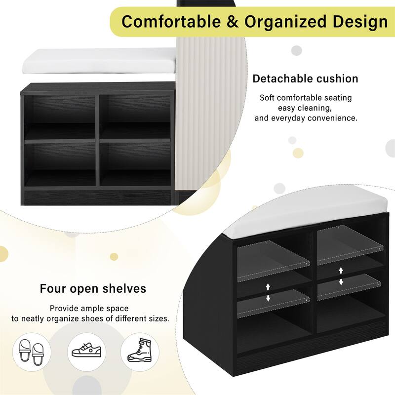 Storage Cabinet w/ Shoe Bench, 3-Tier Adjustable Shelves, 4 Open Shoe Racks & Removeble Cushion
