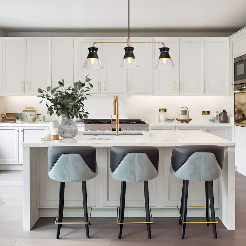 Modern 3-Light Black Gold Chandelier Kitchen Island Linear Bowl-Shaped Glass Pendant Lights for Dining Room - 40 x 8.5 x 13.2