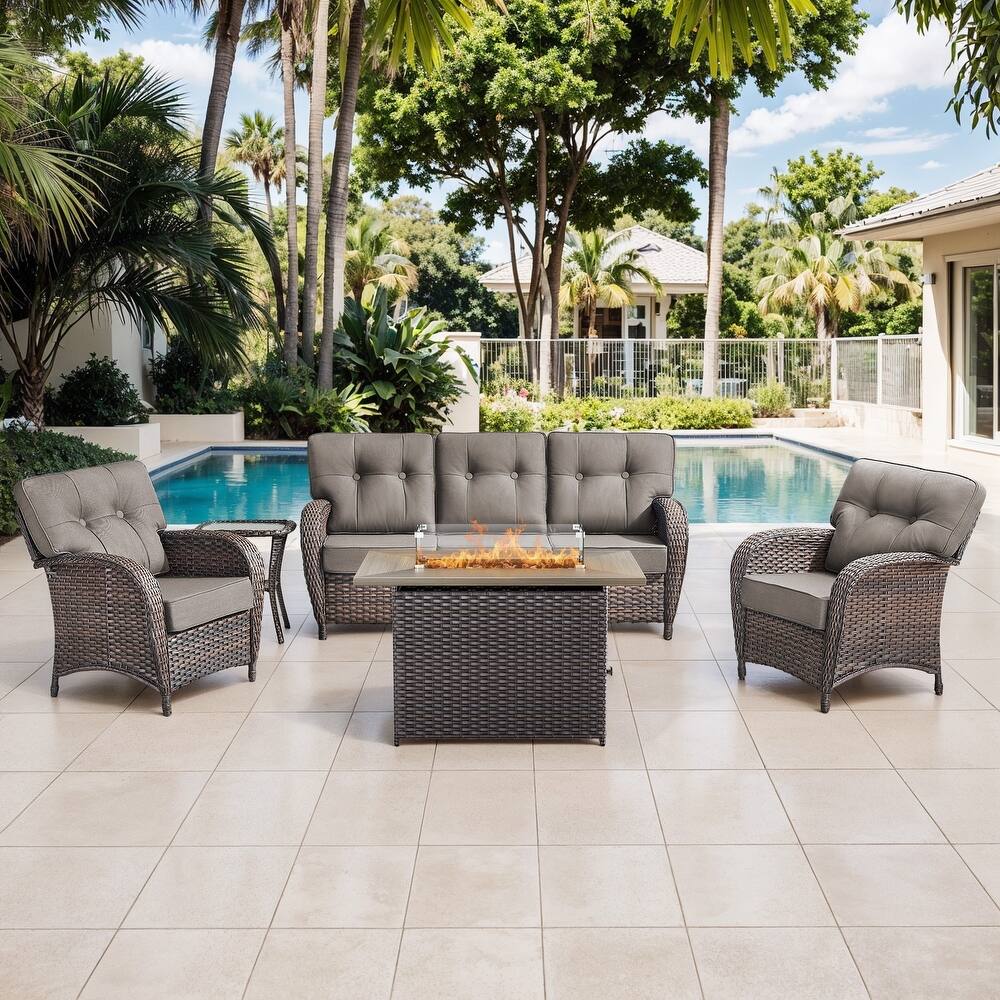 Gymojoy 5-Piece Outdoor Wicker Patio Furniture Sofa Set with 55,000 BTU Fire Pit Table, Thick Cushions