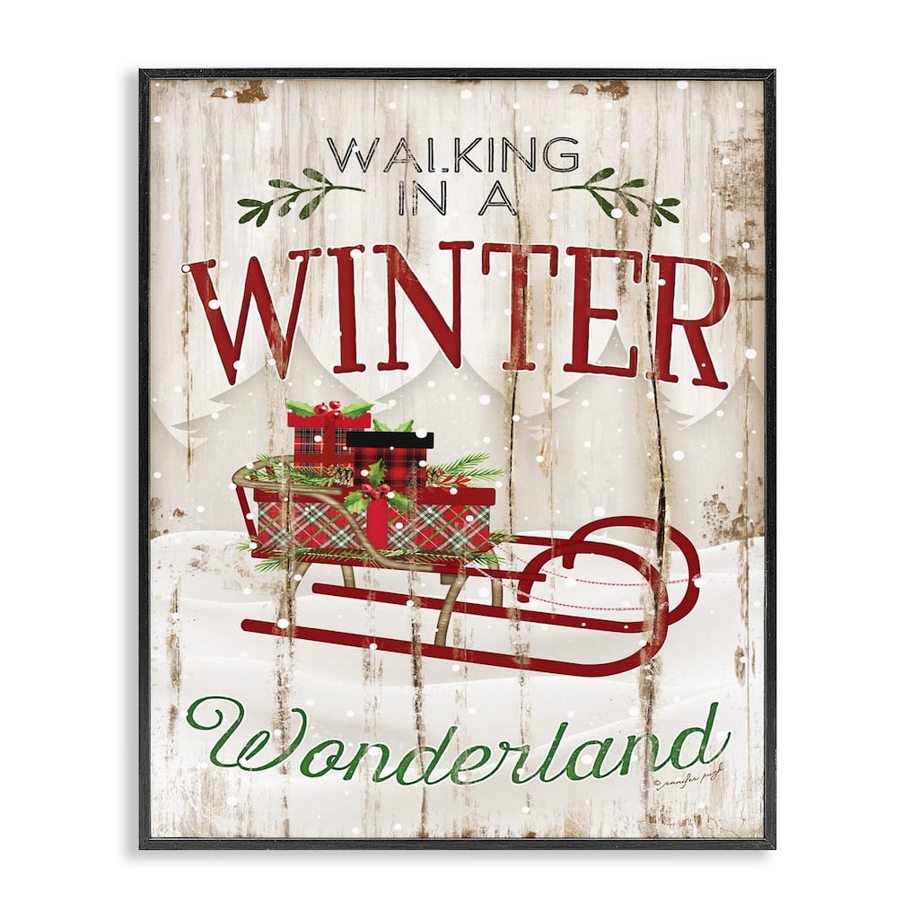 Stupell Winter Wonderland Red Sleigh Wood Texture Christmas Word Design Framed Wall Art, Proudly Made in USA