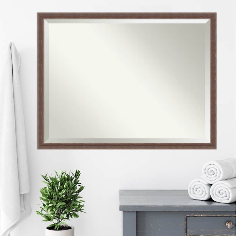 Beveled Wood Bathroom Wall Mirror - Distressed Rustic Brown Frame - Distressed Rustic Brown