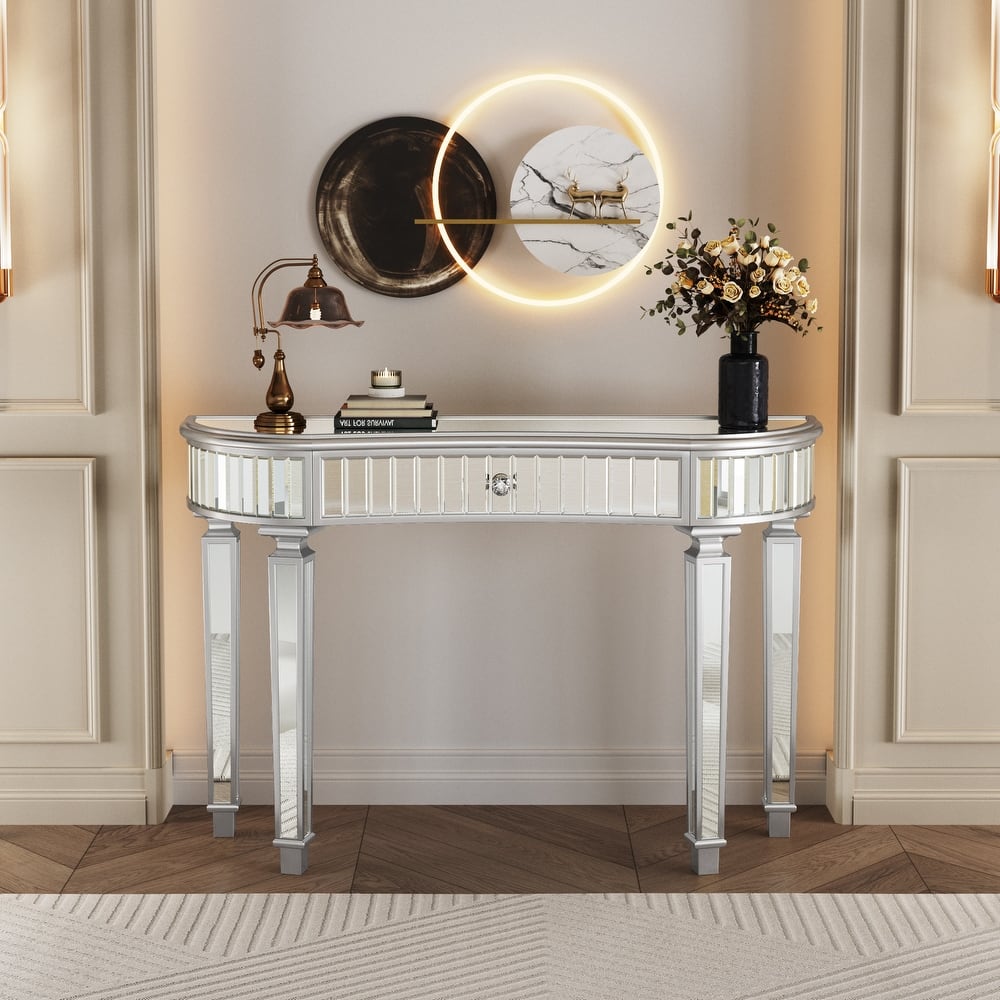 Roomfitters 47" Half-Moon Mirrored Console Table, Fluted Glass Entryway Vanity with Crystal Knob Drawer