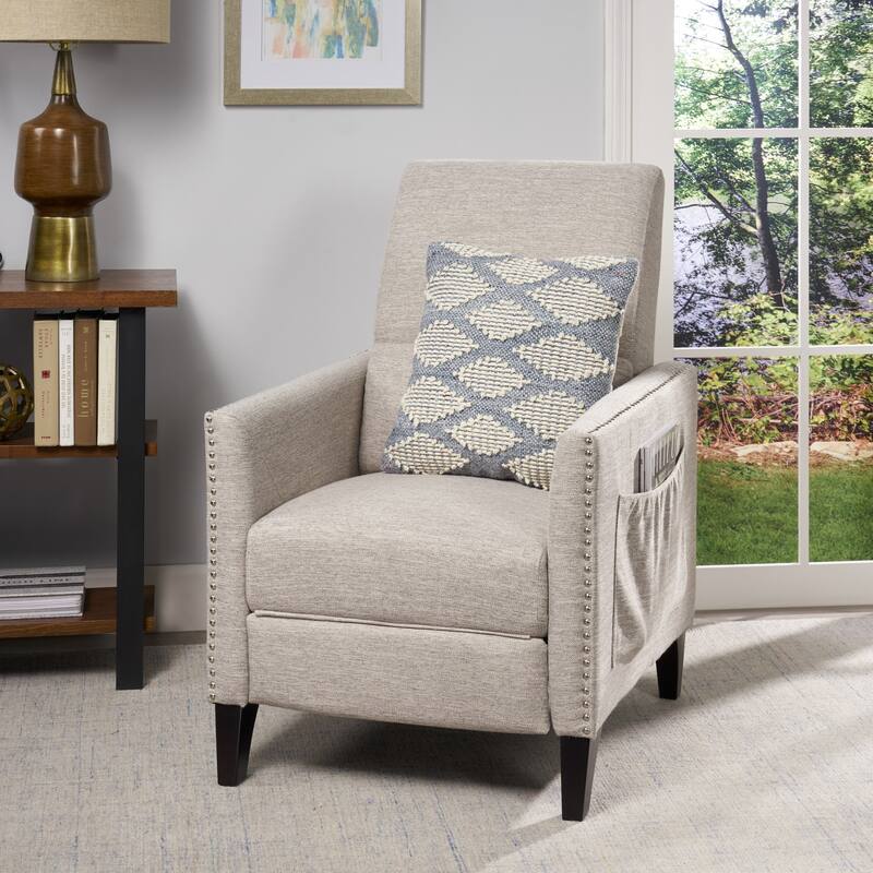 Light Grey Modern Fabric Push-Back Recliner with Footrest, Nailhead Accents, Birch Wood Legs - Light Grey