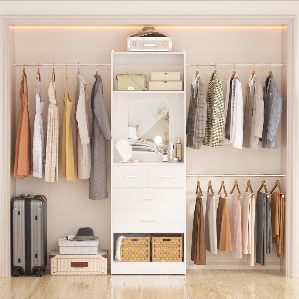 48"-96" W Wooden Closet System with 4 Wooden Drawers and Mirror, Walk-in Closet Organizer with 4 Adjustable Hanging Rods