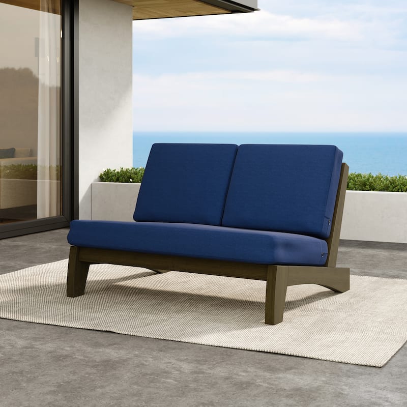 Outdoor Furniture Teak Wood Armless Loveseat Sofa With Cushion - Loveseat Separate Cushion - Navy/Brown