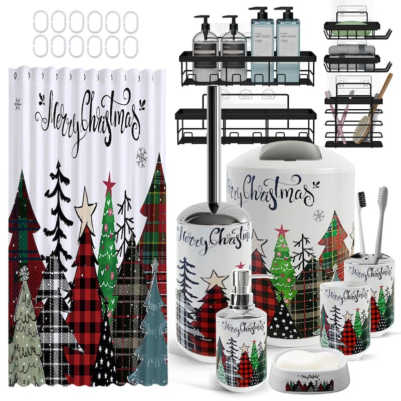 Empyrean Christmas Bathroom Set - Holiday Shower Curtain & Accessories with Soap Dispenser, Toilet Brush & Trash Can - Complete Set + Shower Caddy - Christmas