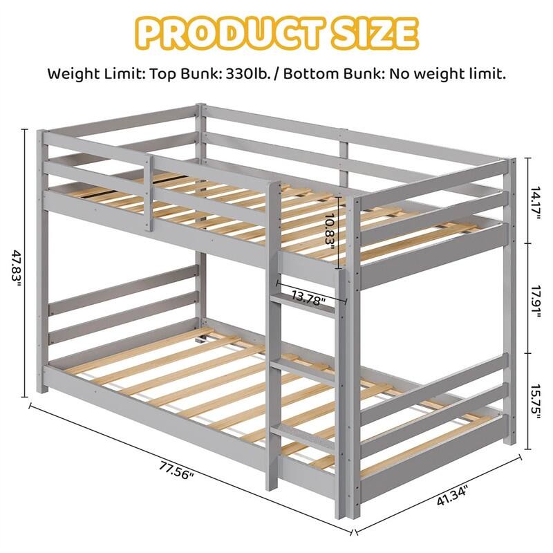 Kids Low Floor Bunk Bed Twin Over Twin With Guard Rails And Stairs