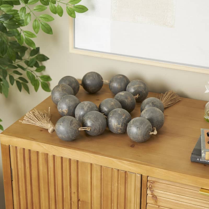 Mango Wood Handmade Round Extra Long Washed Orb Garland with Tassel - Brown, Black or White - Roche River Decor
