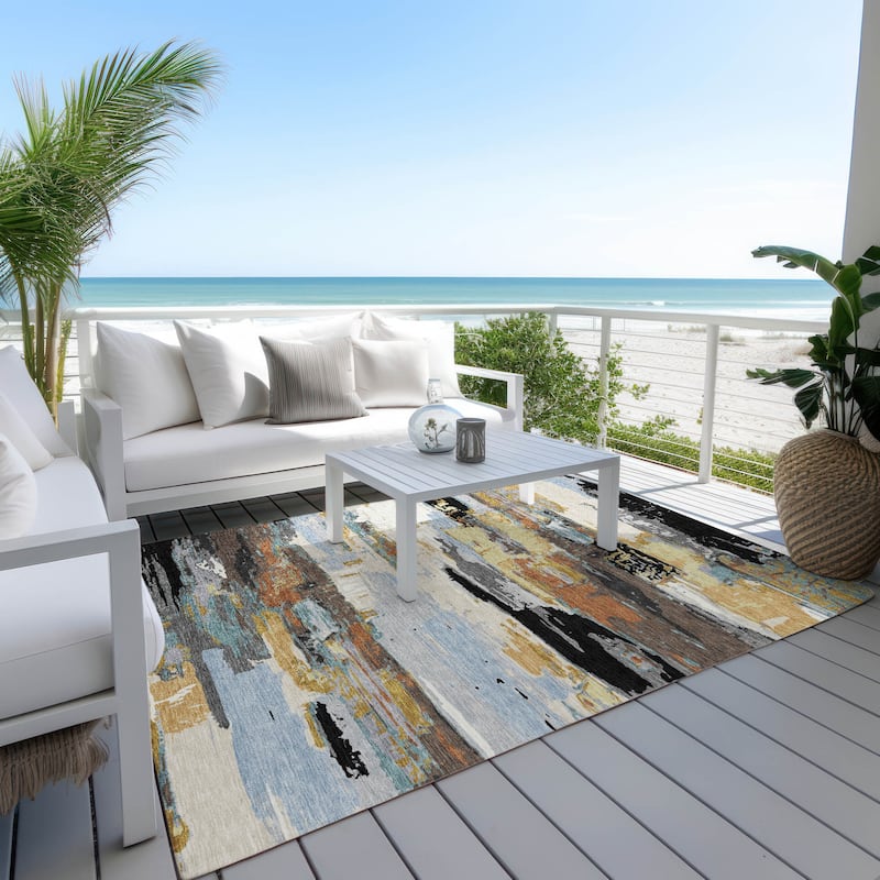 Machine Washable Indoor/ Outdoor Abstract Contemporary Chantille Rug