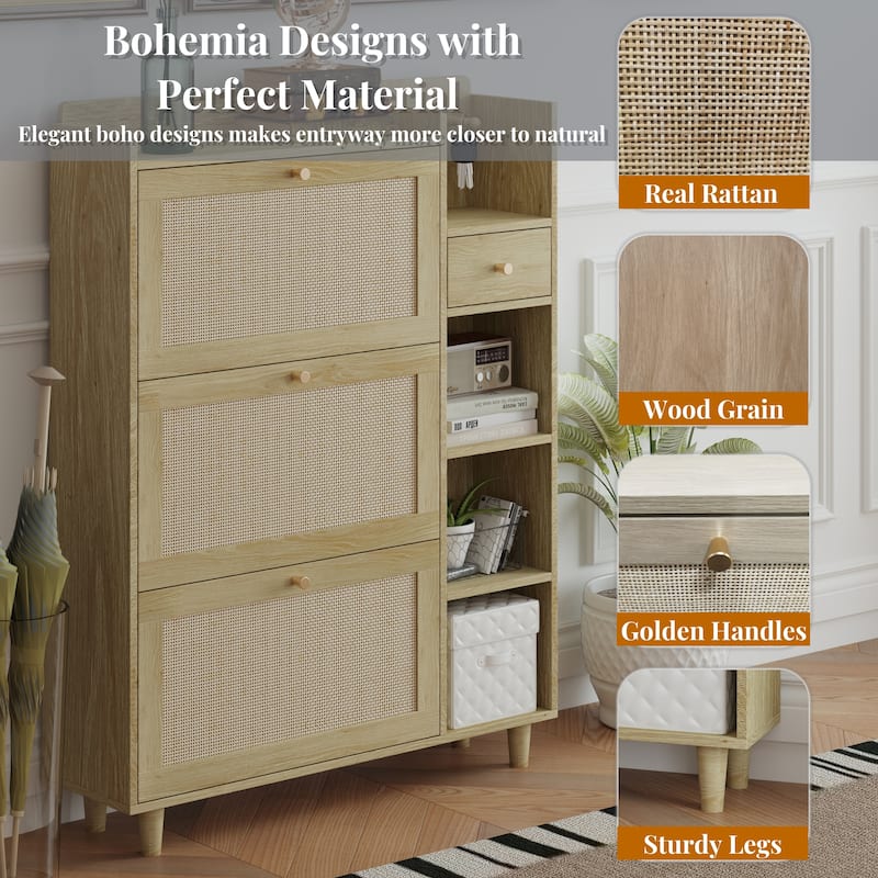 Freestanding Shoe Storage Cabinet, Narrow Hidden Shoe Rack with 3 Rattan Flip Drawers, 3 Square Shelves & 1 Storage Drawer