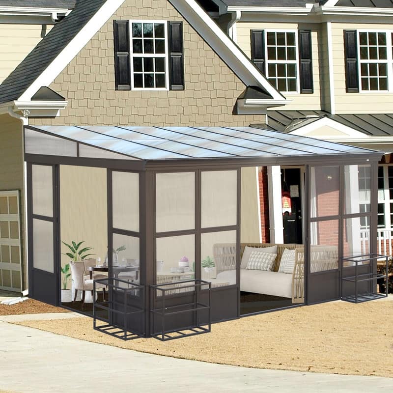 Domi Wall-Mounted Sunroom with Sloped PC Roof and Lockable Sliding Doors