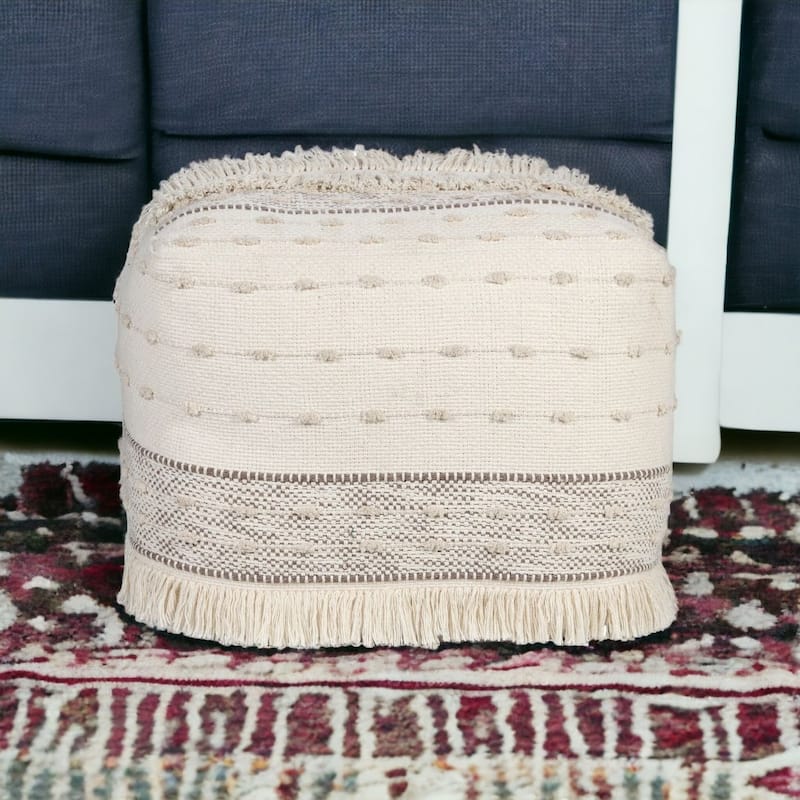 HomeRoots 18" Cream Cotton Striped Pouf Ottoman