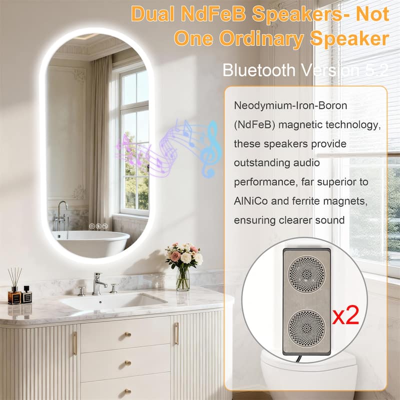 Oblong Bluetooth Led Lighted Bathroom Makeup Mirror Tempered Glass Backlit Vanity Mirror