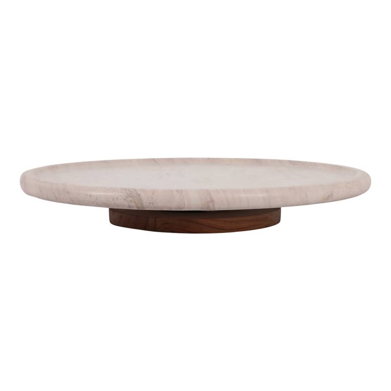 Decorative Tray - Ivory Wood Marble Round Lazy Susan - 16", Ivory - 16" x 16" x 2"