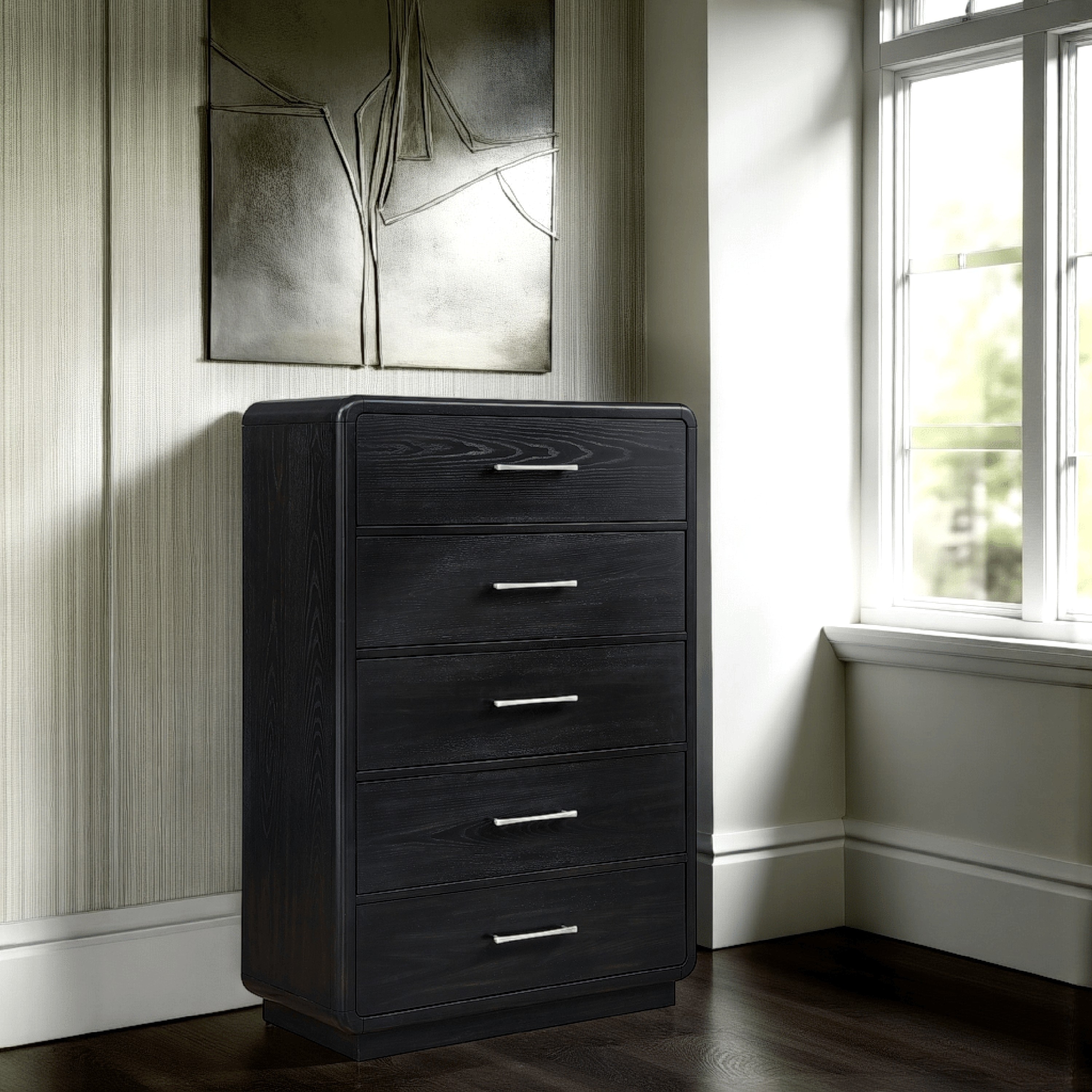 Benjara Robeck Tall Dresser Chest, 5 Drawer, Black 57 Inch, Silver Metal Handles