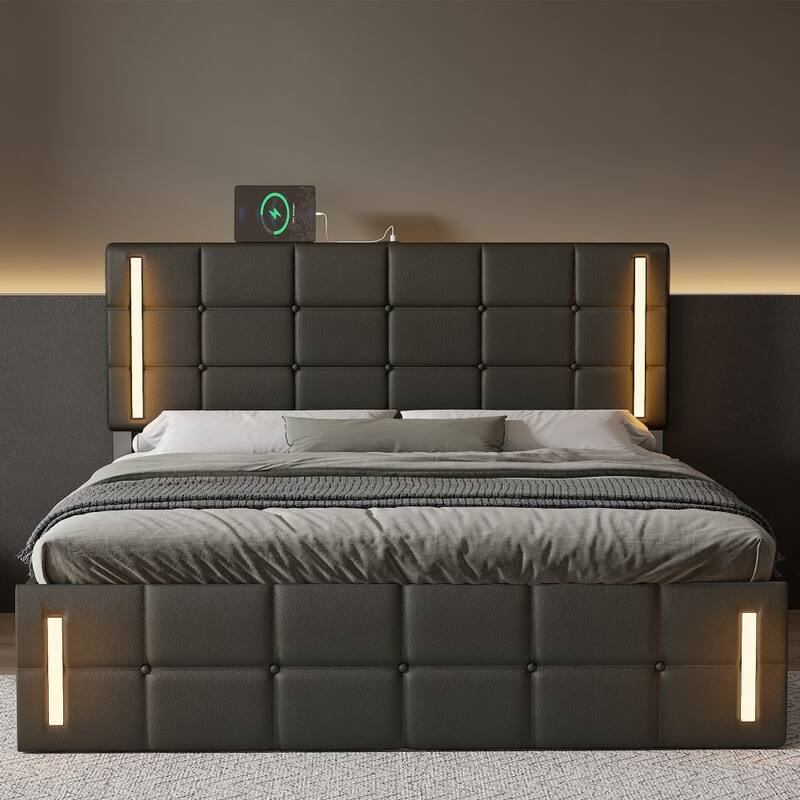 Queen Size Upholstered Bed with LED Lights,Hydraulic Storage System and USB Charging Station
