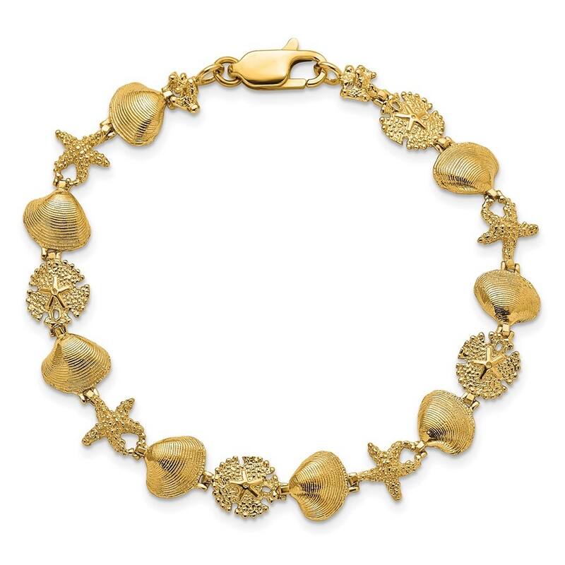Curata 14k Gyellow old Sand Dollar Clam And Sea shell Nautical Starfish Bracelet 7.25 Inch