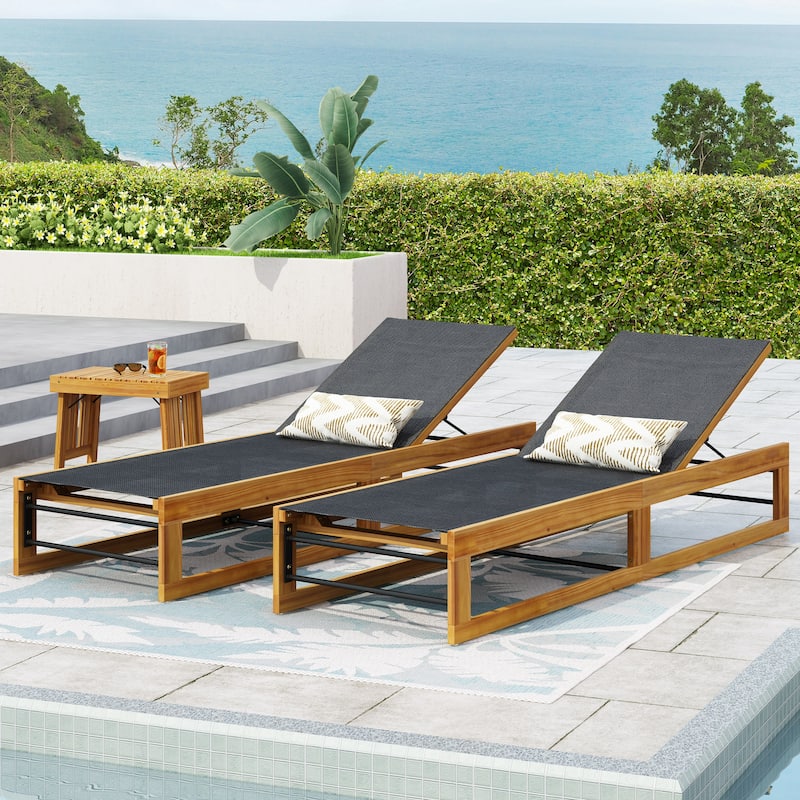 Emile Outdoor Mesh and Acacia Wood Chaise Lounge (Set of 2) by Christopher Knight Home