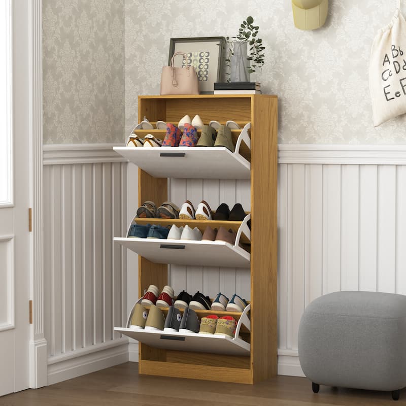 Shoe Storage Cabinet with 3 Flip Drawers, Freestanding Narrow Shoe Rack, Hidden Shoe Cabinet with Adjustable Panel