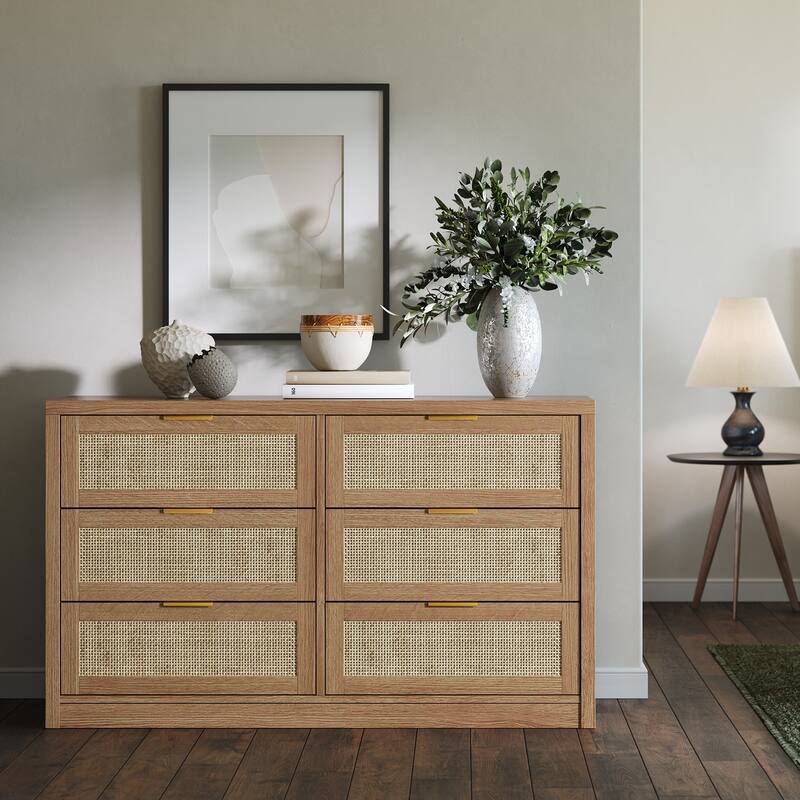 53" Rattan Dresser for Bedroom - 6-Drawer Boho Chest of Drawers, Large Storage Cabinet for Clothes, TV Stand