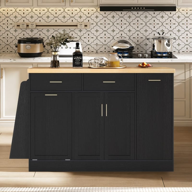 Multi-Functional Storage Sideboard Kitchen Island with Hidden Trash Can and Adjustable Spice Rack