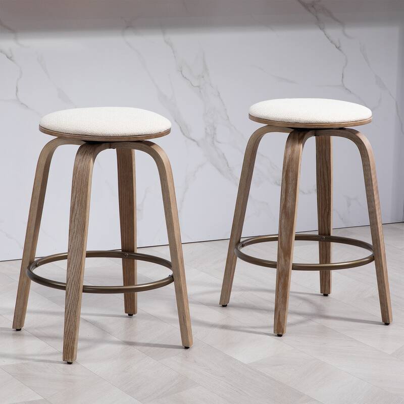 Beatus Beige Woven Fabric Counter Stool with Natural Wood Legs