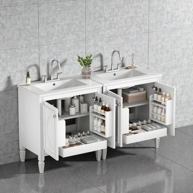 60" Double Sink Bathroom Vanity Set with Ceramic Tops, Soft-Close Doors, Storage Shelves & Drawer, Solid Wood Frame