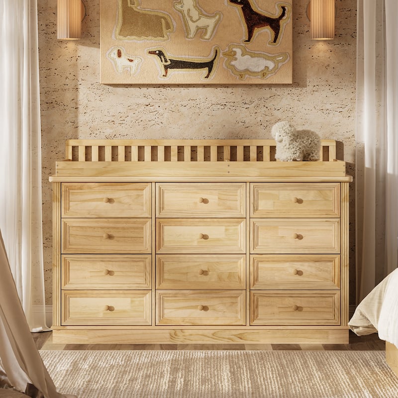 Extra Wide Solid Pine Wood 12-Drawer Changing Table Dresser – 59.9" Real Wood Nursery Dresser with Removable Topper