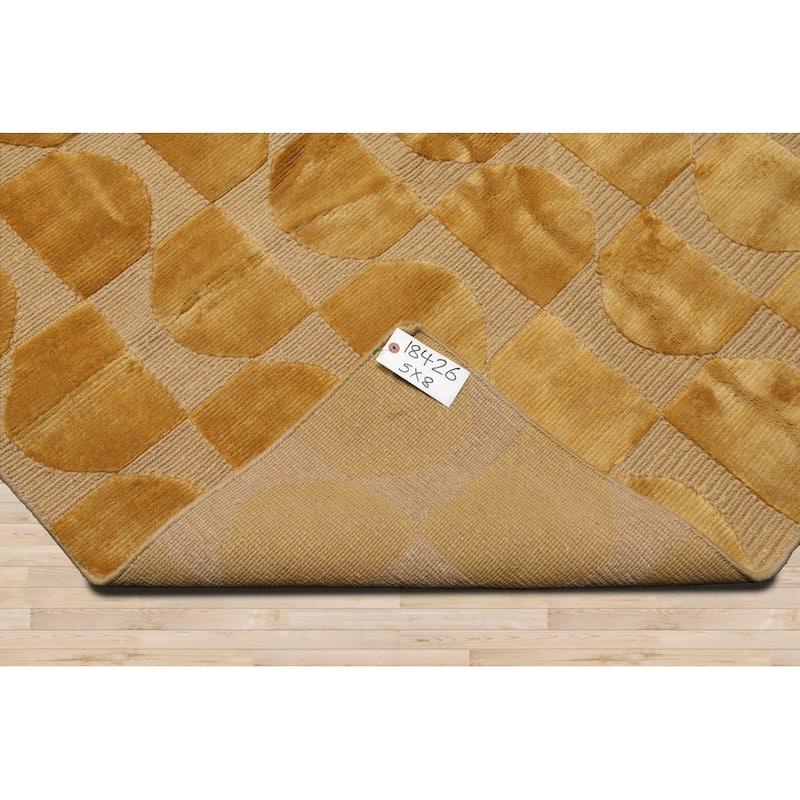 Hand Knotted Tone on Tone Gold, Tibetan Wool Modern Oriental Area Rug - 5' x 8'