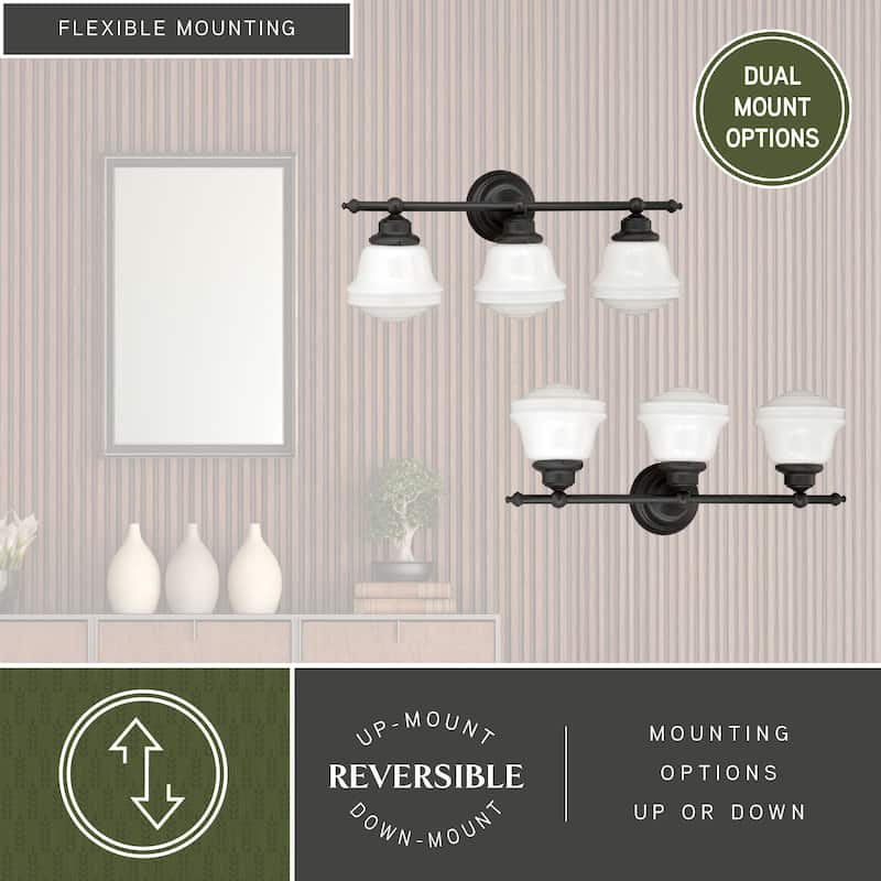 Huntley 3-Light 24 in. W Oil Rubbed Bronze Bathroom Vanity Lighting Fixture, White Schoolhouse Milk Glass Globe Shade, Dimmable