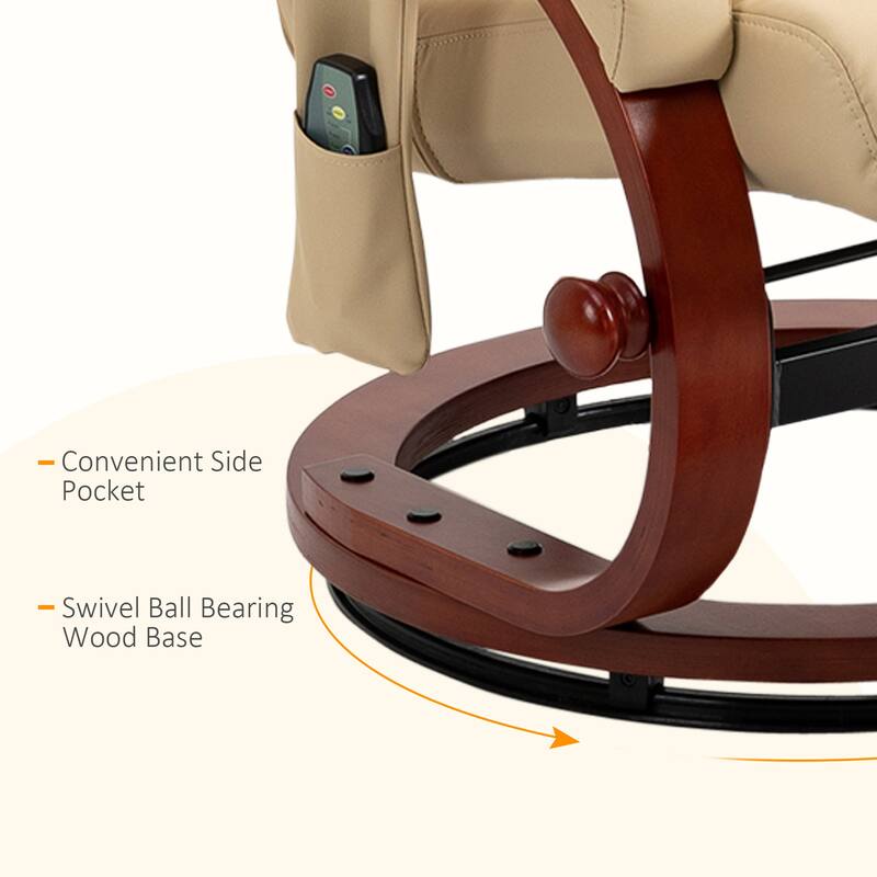 Modern Swivel Wood Base Leather Massage Recliner Chair with Ottoman, 10 Point Vibrating, 5 Modes, Remote and Side Pocket