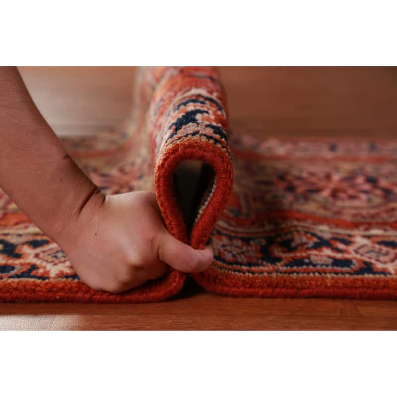 Hand Knotted Oriental 100% Wool Carpet Traditional Geometric Oranges & Rust Heriz (serapi) Runner Rug - 11' 8'' X 2' 6''