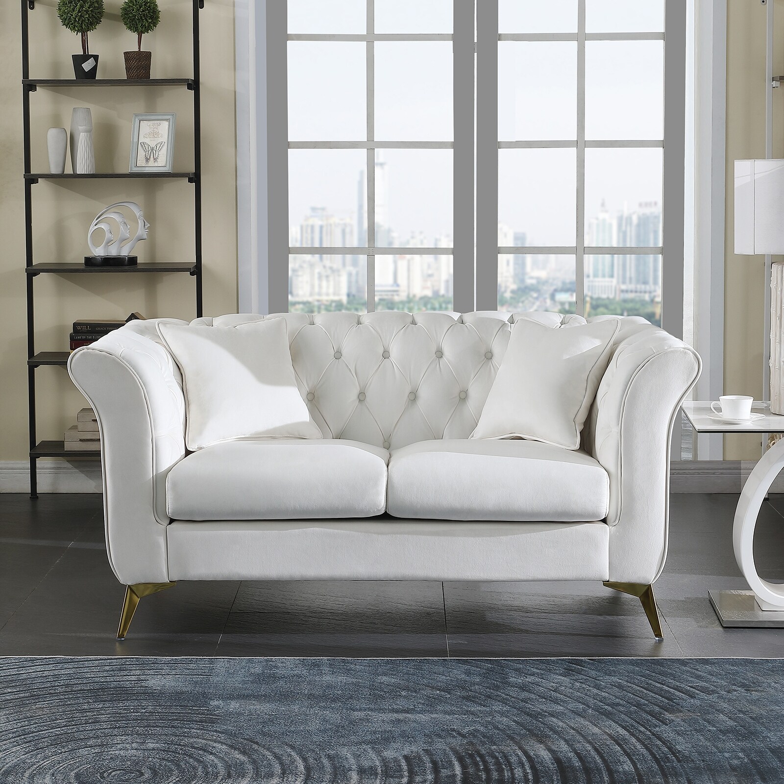 Chesterfield 2 Seater Sofa Modern Velvet Upholstered Loveseat with 2 Pillows and Gold Metal Legs Lounge Couch for Living Room