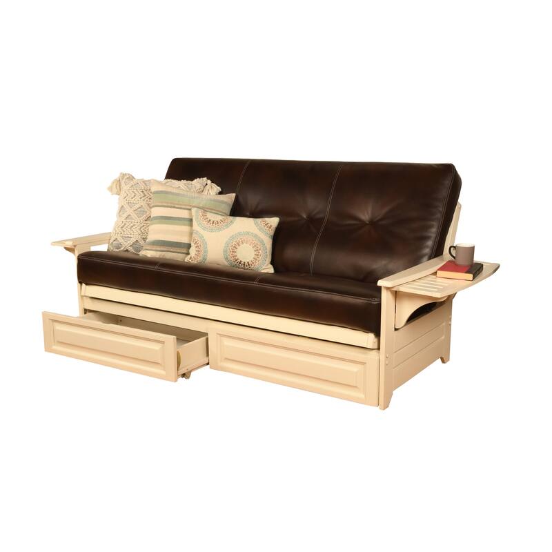 Somette Phoenix Futon Set in Antique White Wood with Innerspring Mattress and Storage Drawers