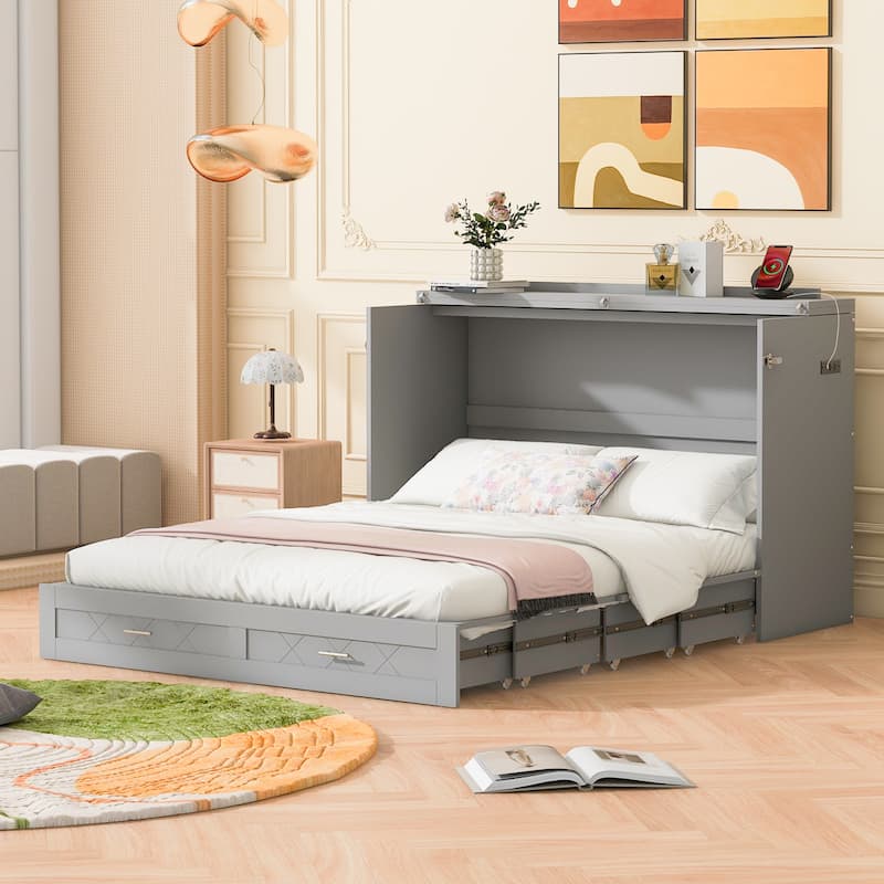 Queen Size Murphy Bed with Pulley System, Storage Drawer, USB Ports, and Sockets, Space-Saving