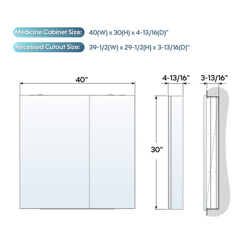 40''W X 30''H Recessed Or Surface Wall Mount Bathroom Medicine Cabinet With Adjustable Glass Shelves