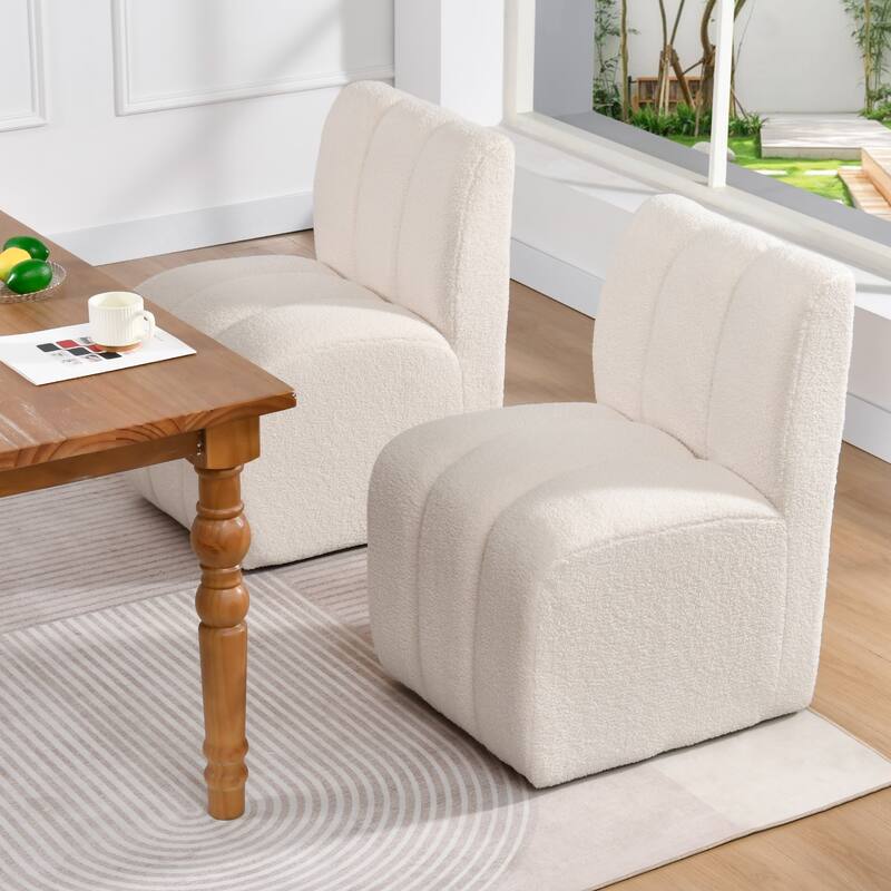 Upholstered Rolling Dining Chair with Casters - Set of 2 - Faux Sheepskin