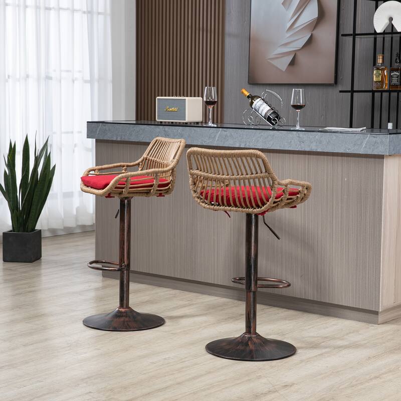 360° Swivel Bar Stools Set of 2, Adjustable Counter Height Chairs with Footrest, Rattan Bar Chairs with Cushions