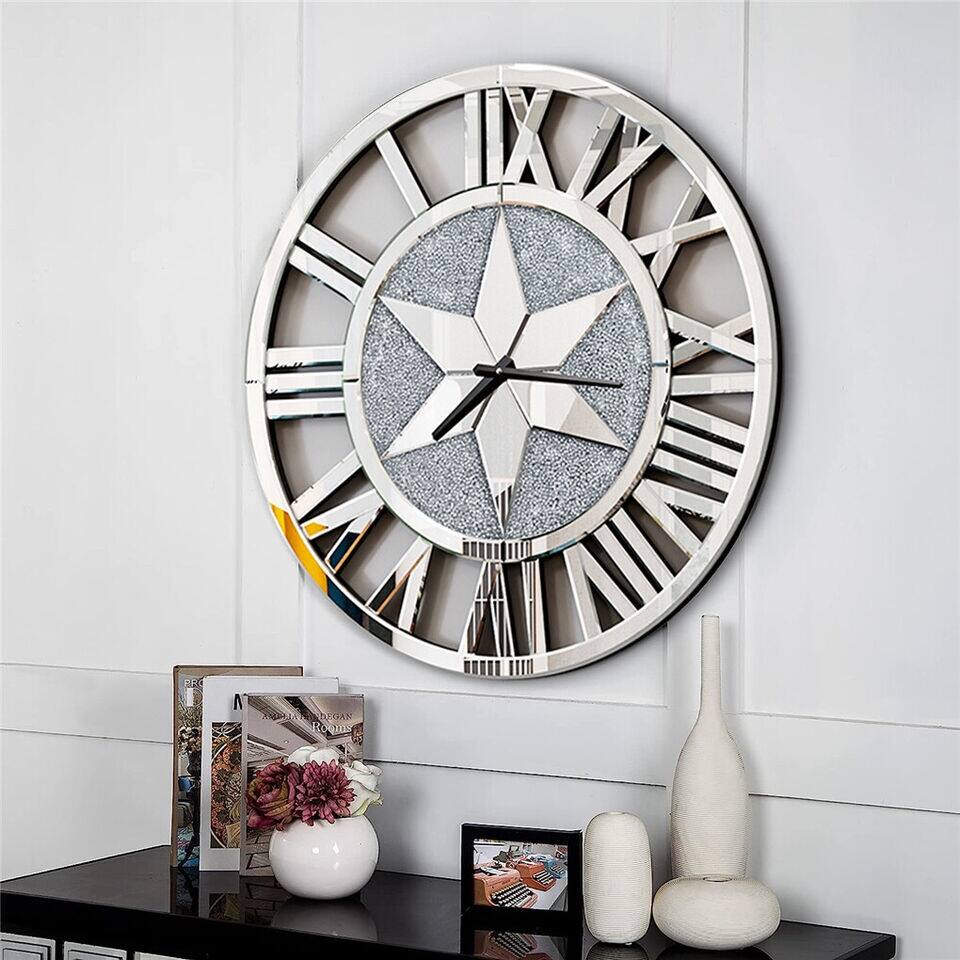 Crystal Diamond Wall Clock Silver Mirror Wall Decor - 23x23