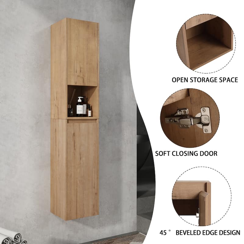 12" Wall-Mounted Bathroom Side Cabinet, Soft Close Doors, Floating Design, Imitative Oak Finish