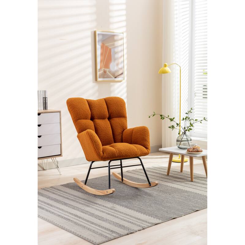 Teddy Fabric Upholstered Glider Rocker, Reading Chair with Thick Padded Seat, High Backrest Armchair with Wooden Legs