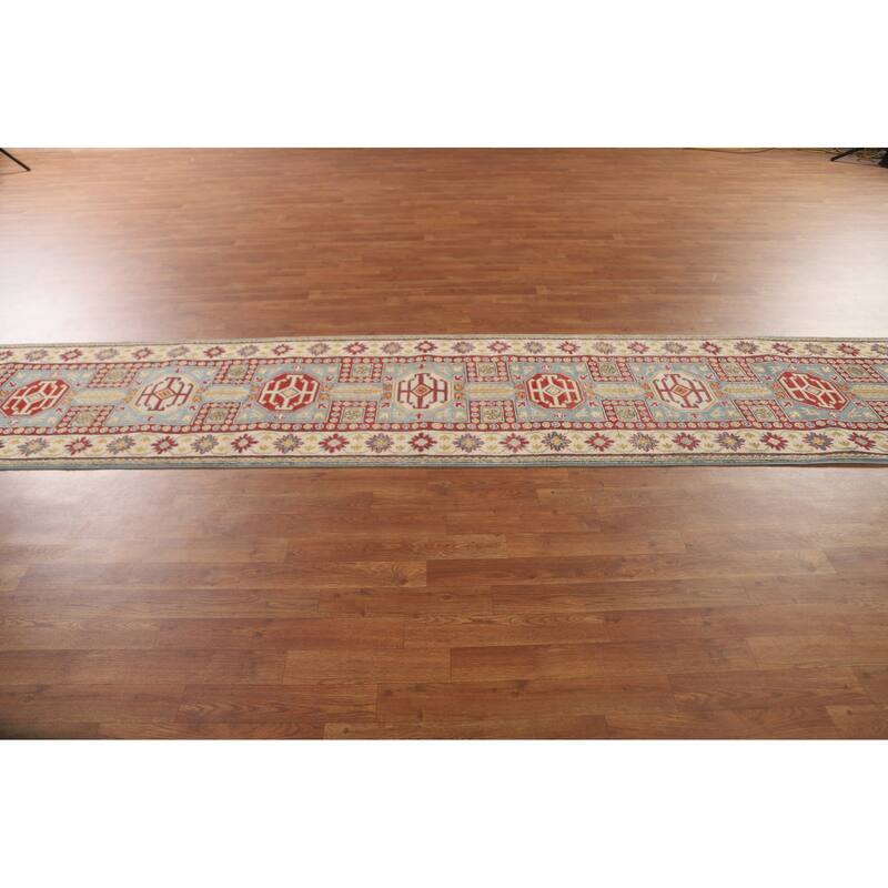 Light Blue Kazak Runner Rug Handmade Traditional Wool Carpet - 2'6" x 13'1"