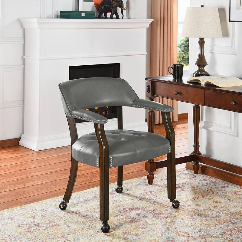 Dining Chair with Casters Leather Chair with Caster Nailhead Dining Chairs with Rollers - Charcoal Gray - Single