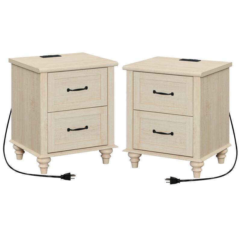 Mid Century End Table Nightstands with Charging Station & Drawer - 2 Piece - Antique Beige