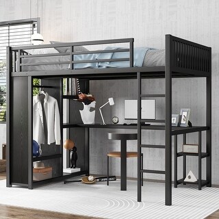Black Full XL Loft Bed with Desk, Wardrobe, and Storage Shelves, Space-Saving Design
