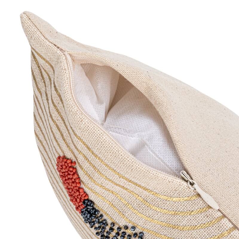 Cotton Slub Printed Lumbar Pillow with Hand-Embroidery and Beads