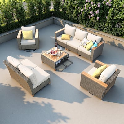 8-Piece Outdoor Patio Wicker Conversation Sofa Set with 2 Swivel Rocking Chairs and Acacia Storage Table